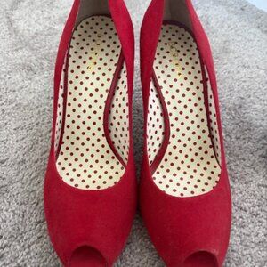 Red Suede Peep Toe Pumps